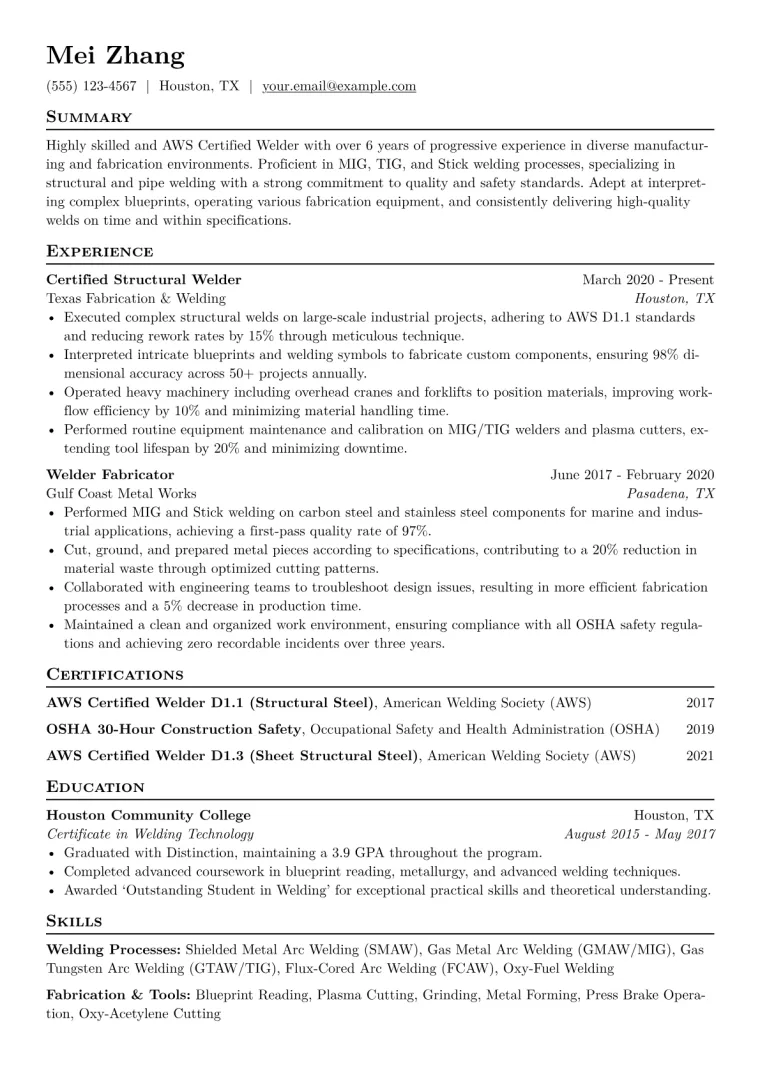Certified Welder Resume Example CV template preview