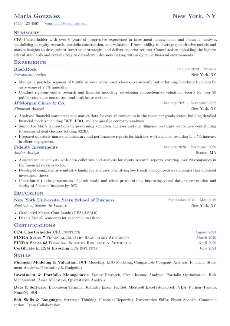 CFA Certified Analyst Resume Example CV template preview