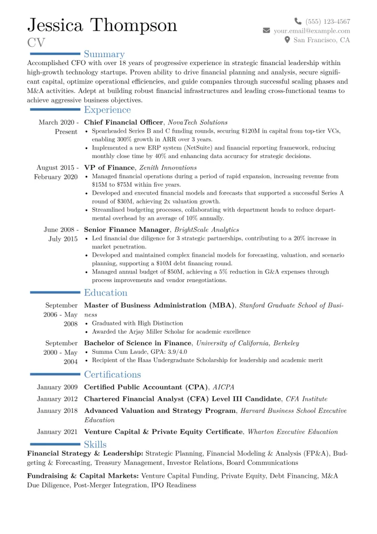 CFO Startup Resume Example CV template preview