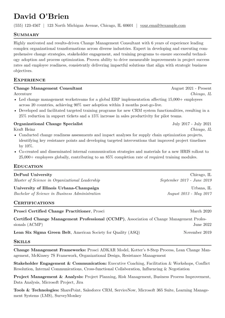 Change Management Resume Example CV template preview