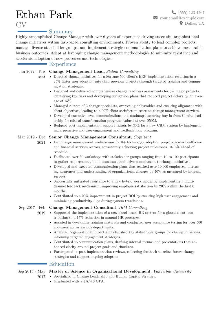 Change Manager Resume Example CV template preview