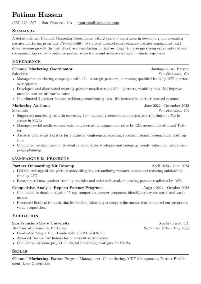 Channel Marketing Coordinator Resume Example CV template preview