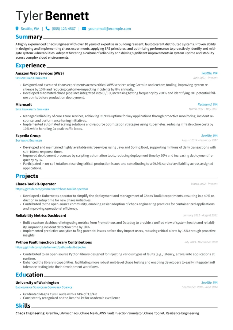 Chaos Engineer Resume Example CV template preview