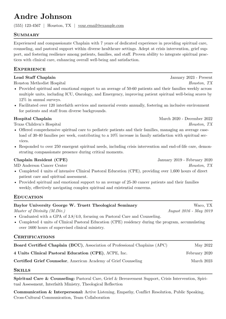 Chaplain Resume Example CV template preview