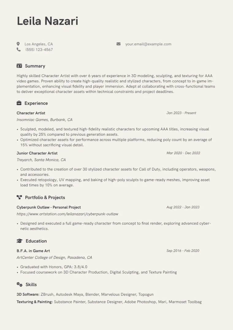 Character Artist Resume Example CV template preview