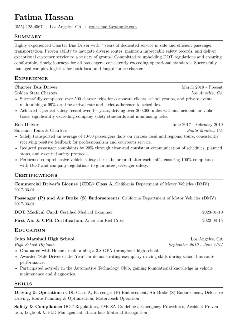 Charter Bus Driver Resume Example CV template preview