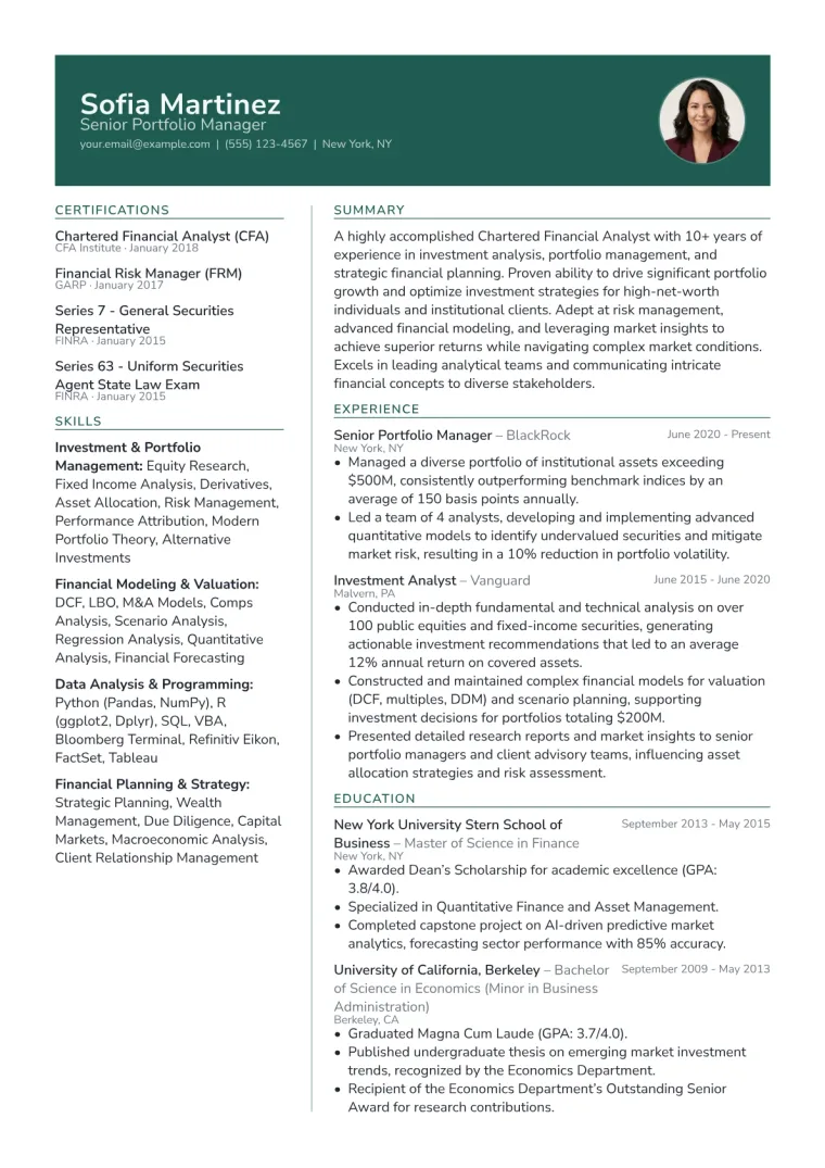 Chartered Financial Analyst Resume Example preview