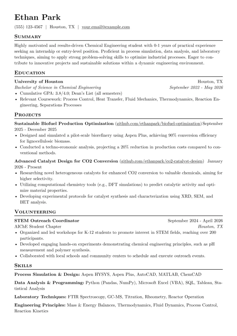Chemical Engineering Student Resume Example CV template preview