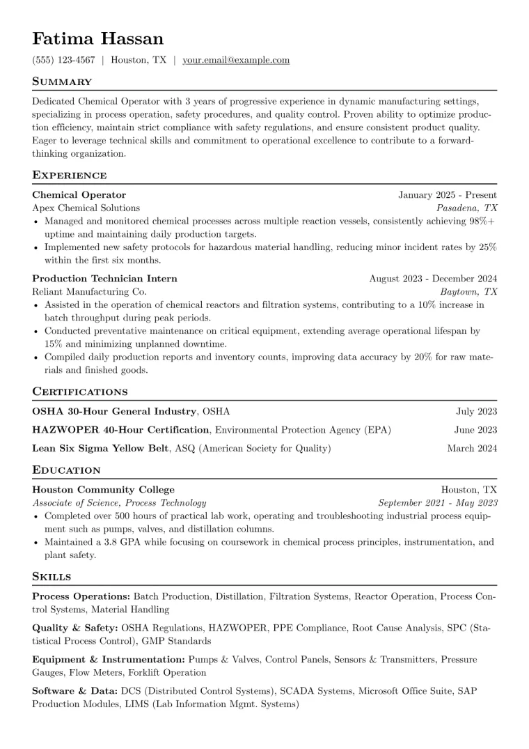 Chemical Operator Resume Example preview