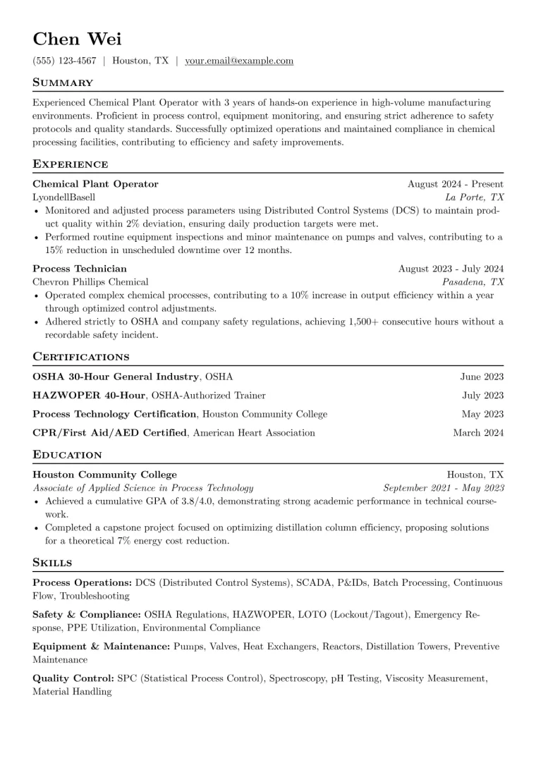 Chemical Plant Operator Resume Example preview