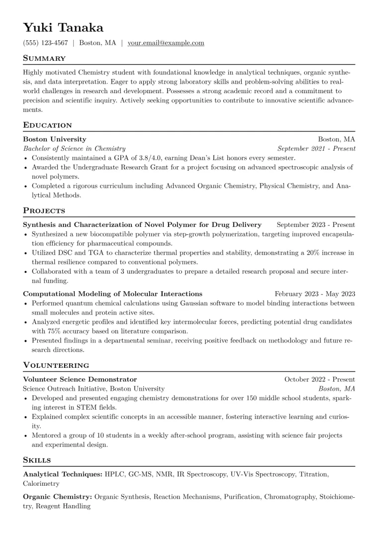 Chemistry Student Resume Example CV template preview