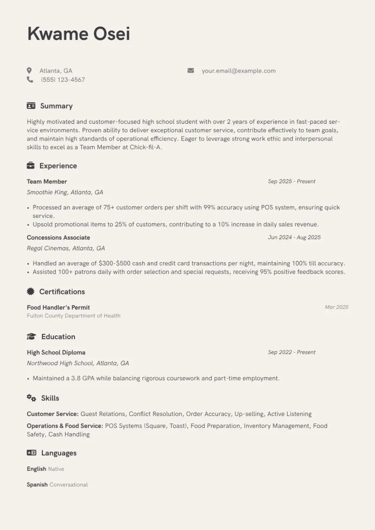 Chick-fil-A Resume Example preview
