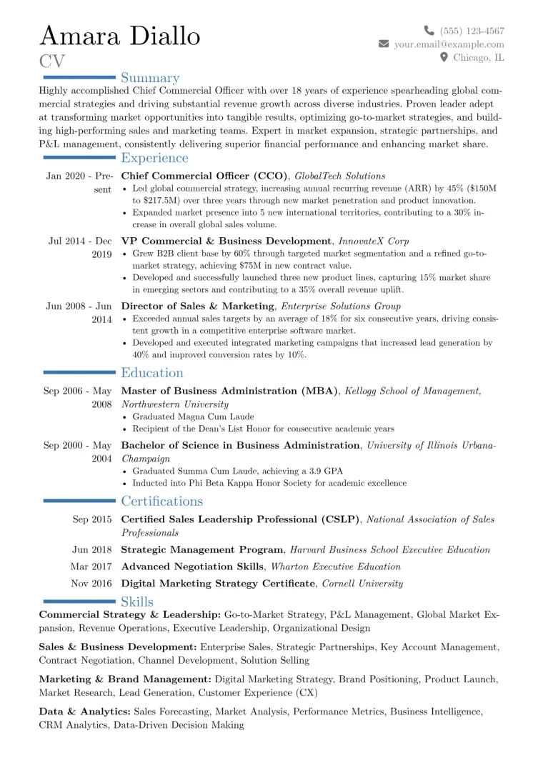 Chief Commercial Officer Resume Example CV template preview