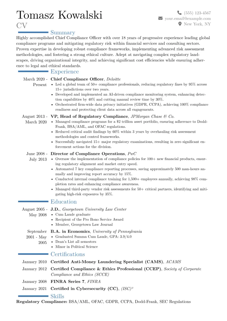 Chief Compliance Officer Resume Example CV template preview