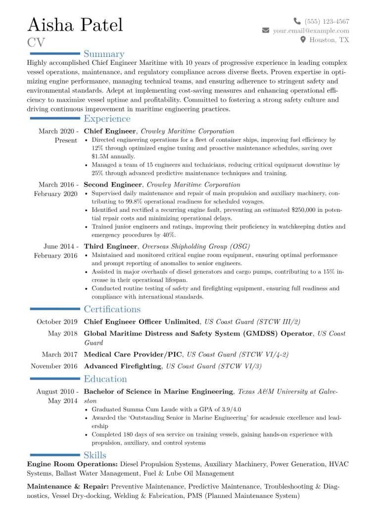 Chief Engineer Maritime Resume Example CV template preview