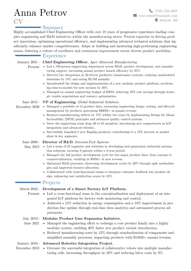 Chief Engineering Officer Resume Example CV template preview