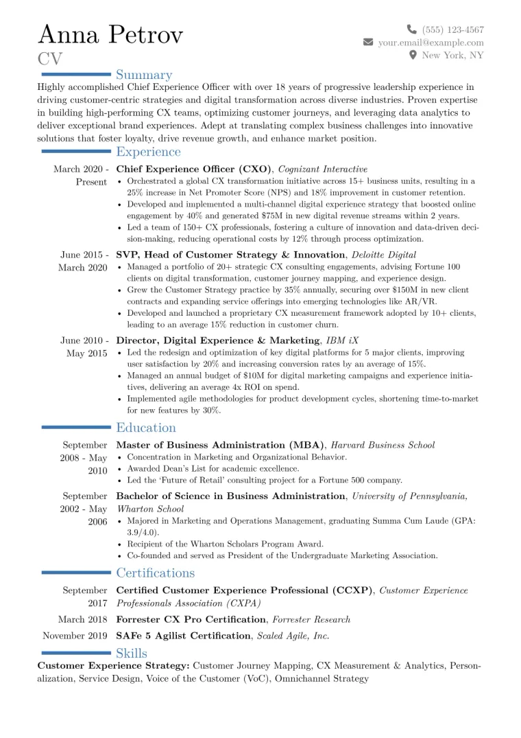 Chief Experience Officer Business Resume Example CV template preview