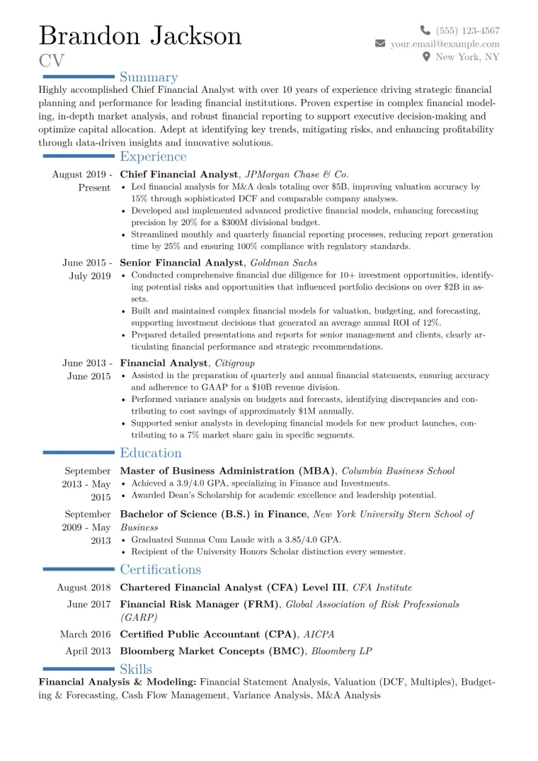Chief Financial Analyst Resume Example CV template preview