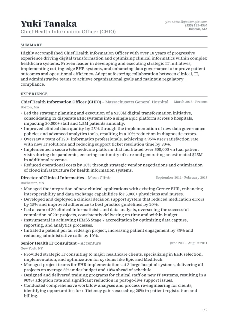 Chief Health Information Officer Resume Example CV template preview