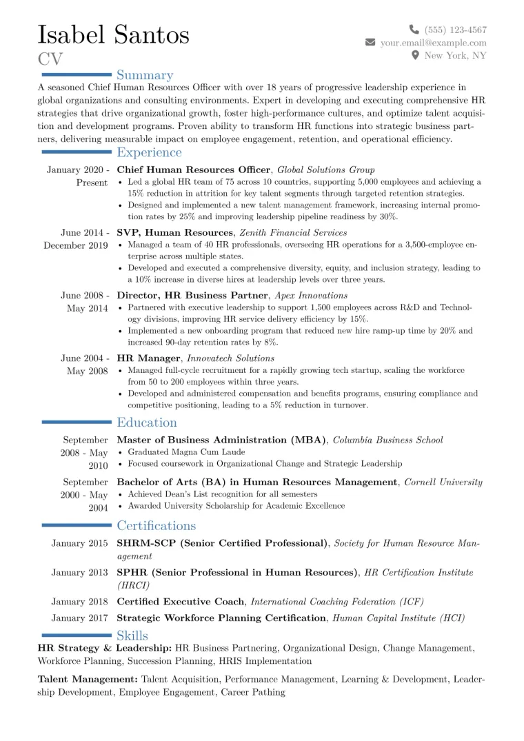 Chief Human Resources Officer Resume Example CV template preview