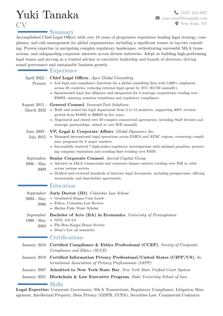 Chief Legal Officer Resume Example CV template preview