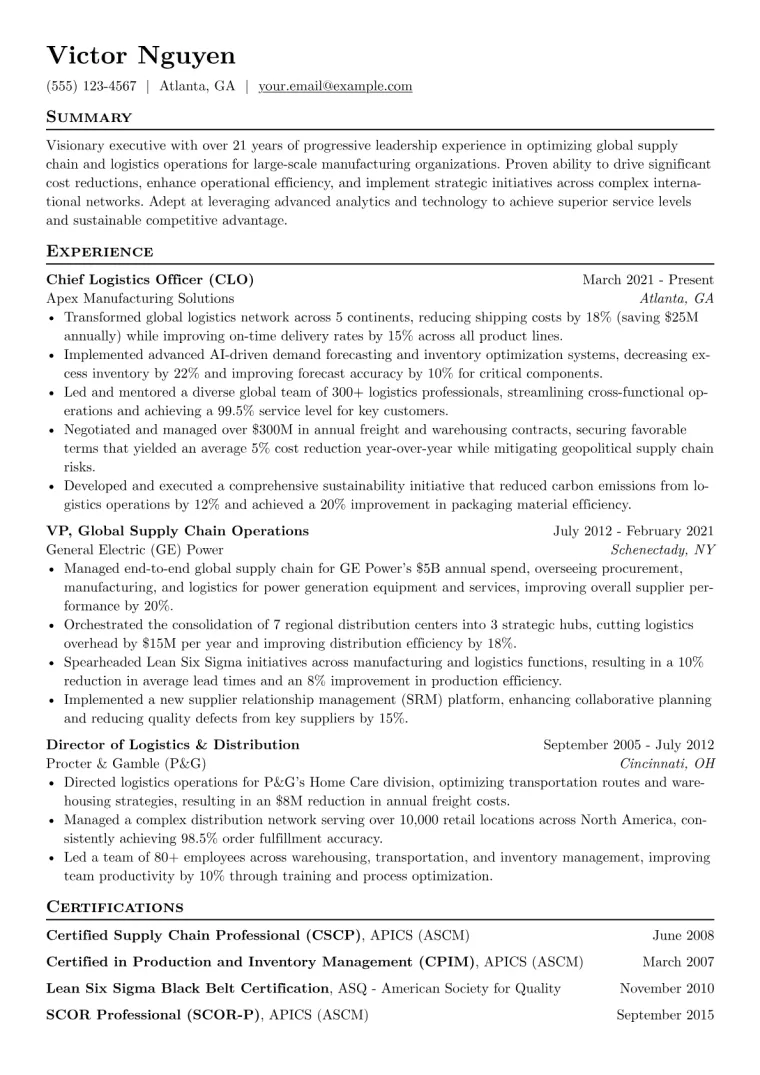 Chief Logistics Officer Resume Example preview