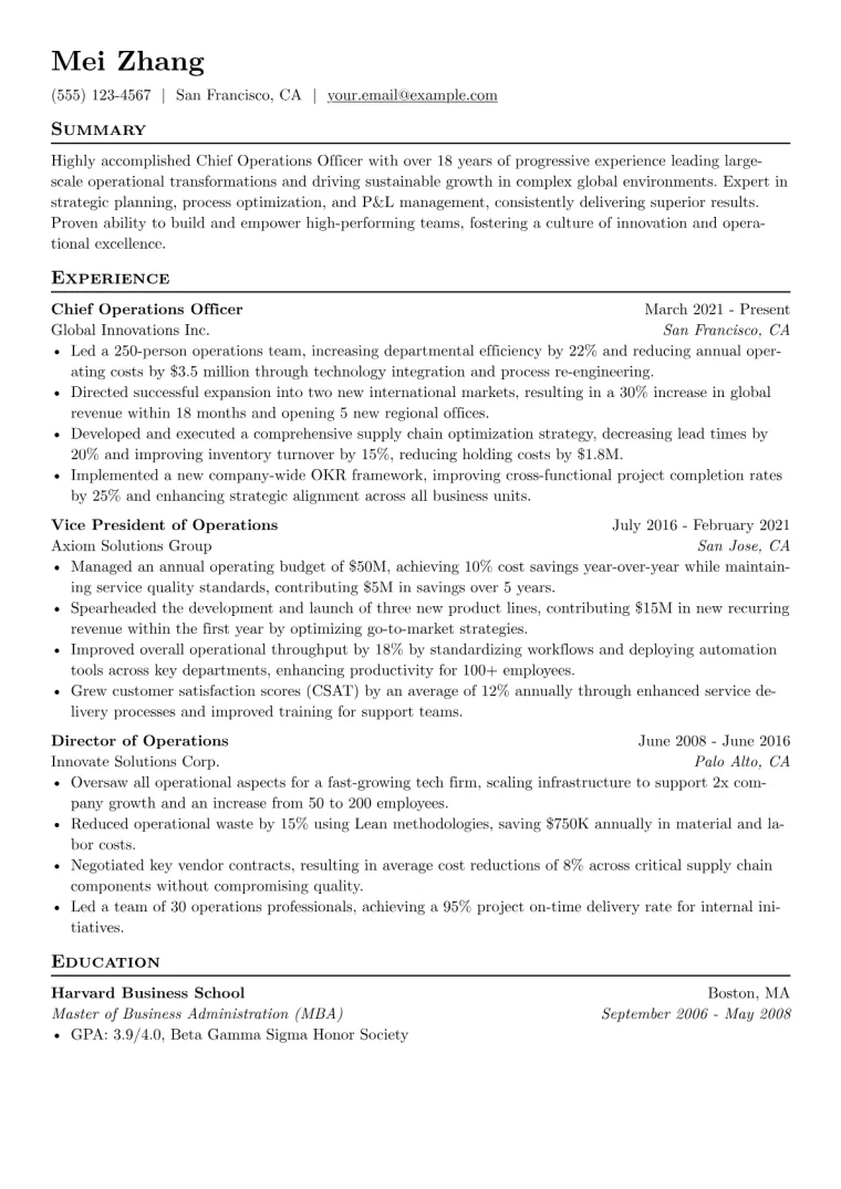 Chief Operations Officer Resume Example CV template preview