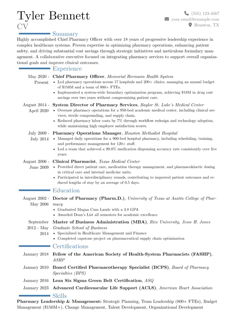 Chief Pharmacy Officer Resume Example CV template preview