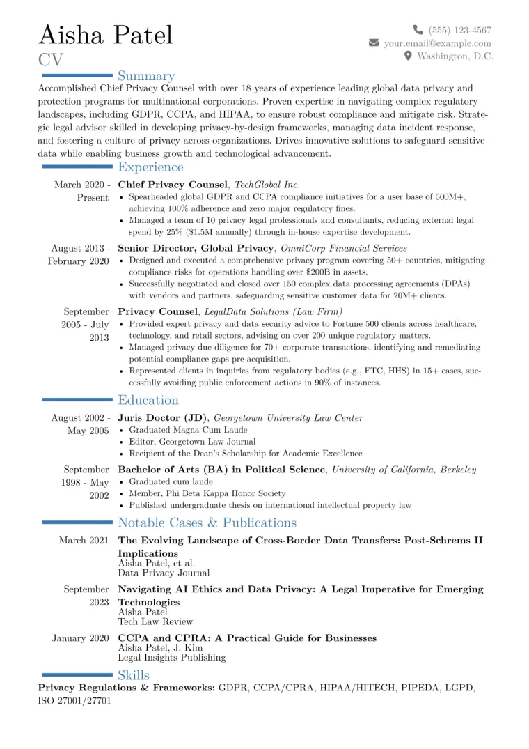Chief Privacy Counsel Resume Example CV template preview