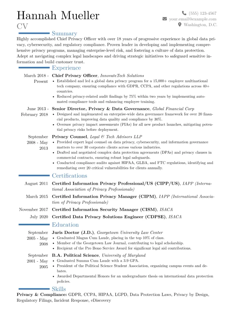 Chief Privacy Officer Resume Example CV template preview