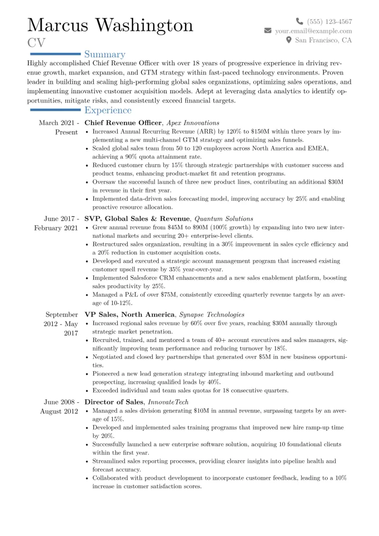 Chief Revenue Officer Resume Example CV template preview