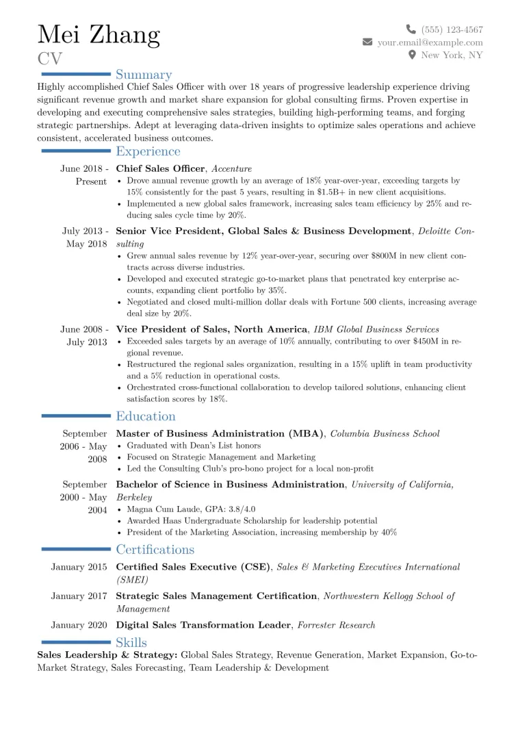 Chief Sales Officer Resume Example CV template preview
