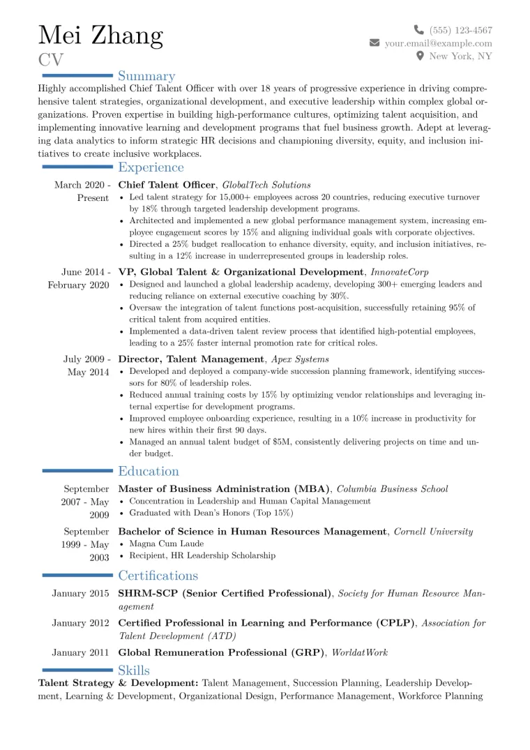 Chief Talent Officer Resume Example CV template preview