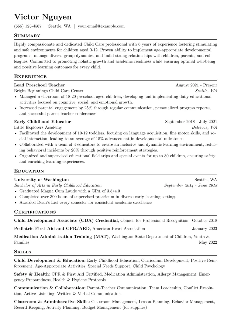 Child Care Resume Example CV template preview