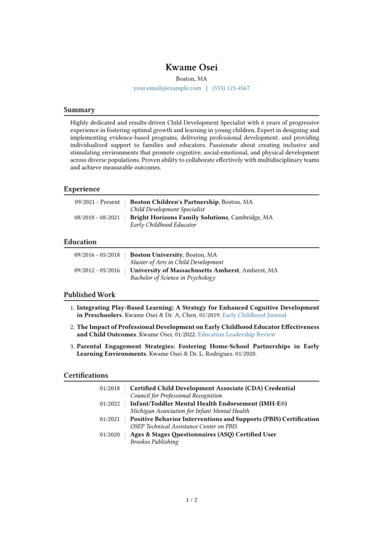 Child Development Specialist Resume Example CV template preview