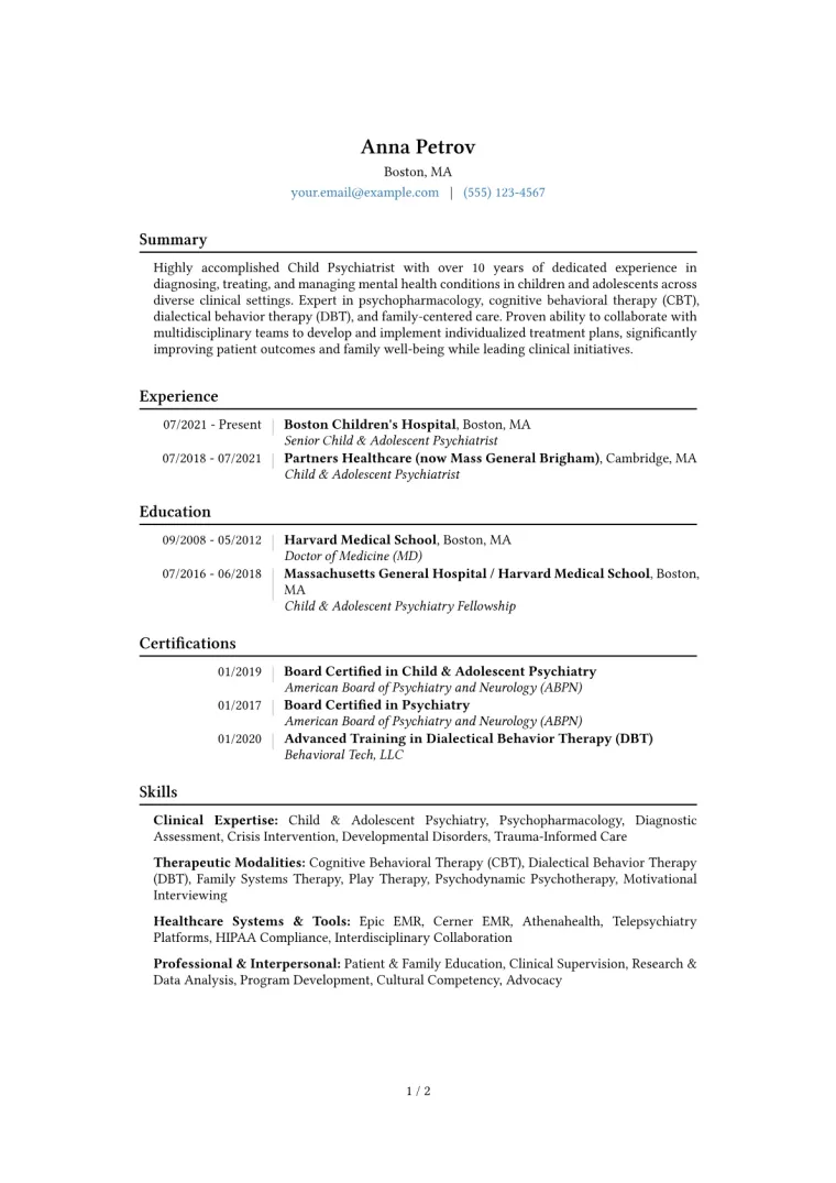 Child Psychiatrist Resume Example CV template preview