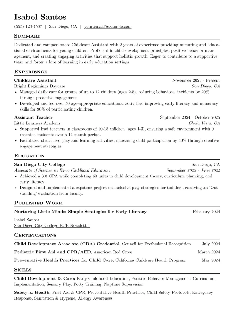 Childcare Assistant Resume Example preview