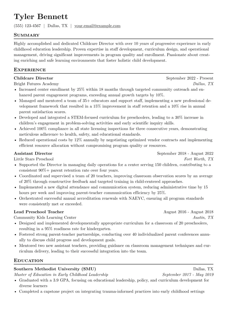 Childcare Director Resume Example CV template preview