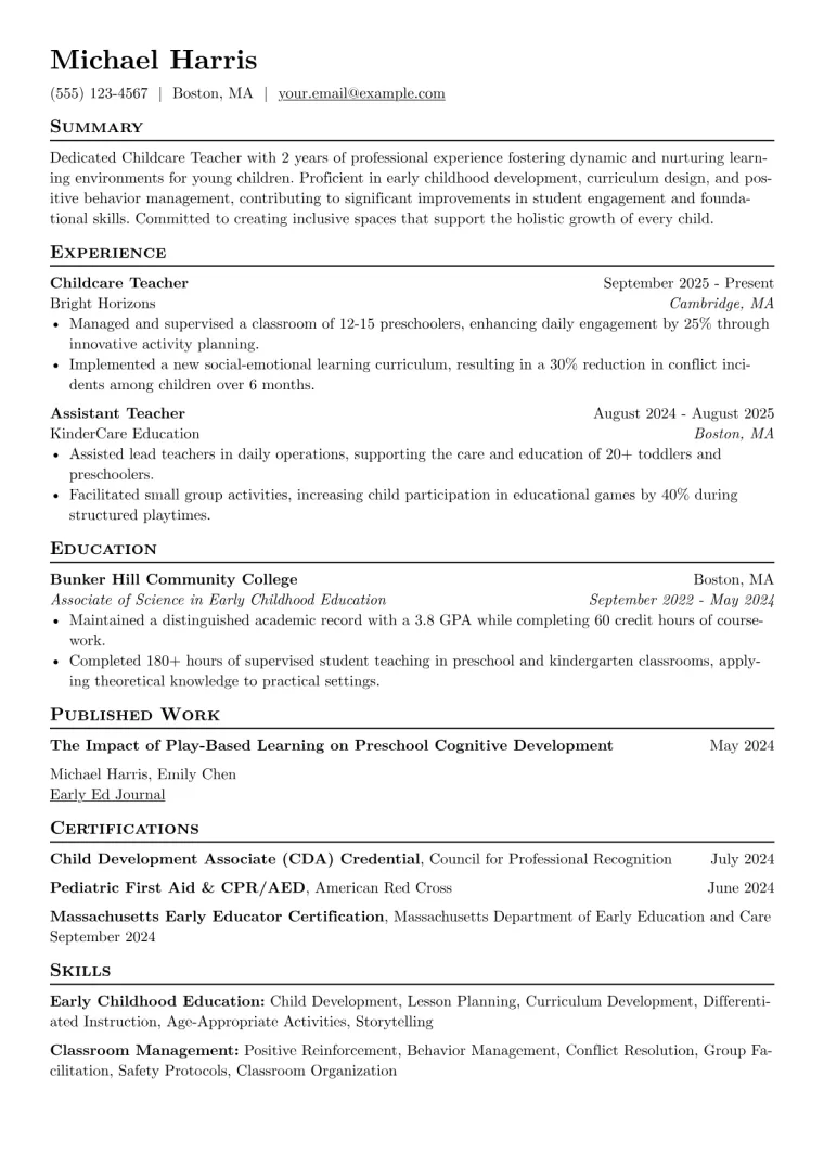 Childcare Teacher Resume Example preview