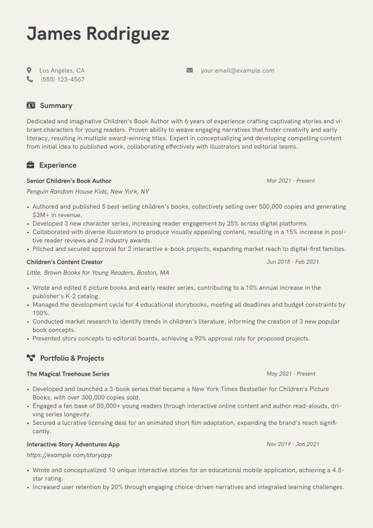 Children's Book Author Resume Example CV template preview