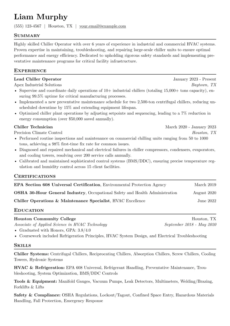 Chiller Operator Resume Example CV template preview