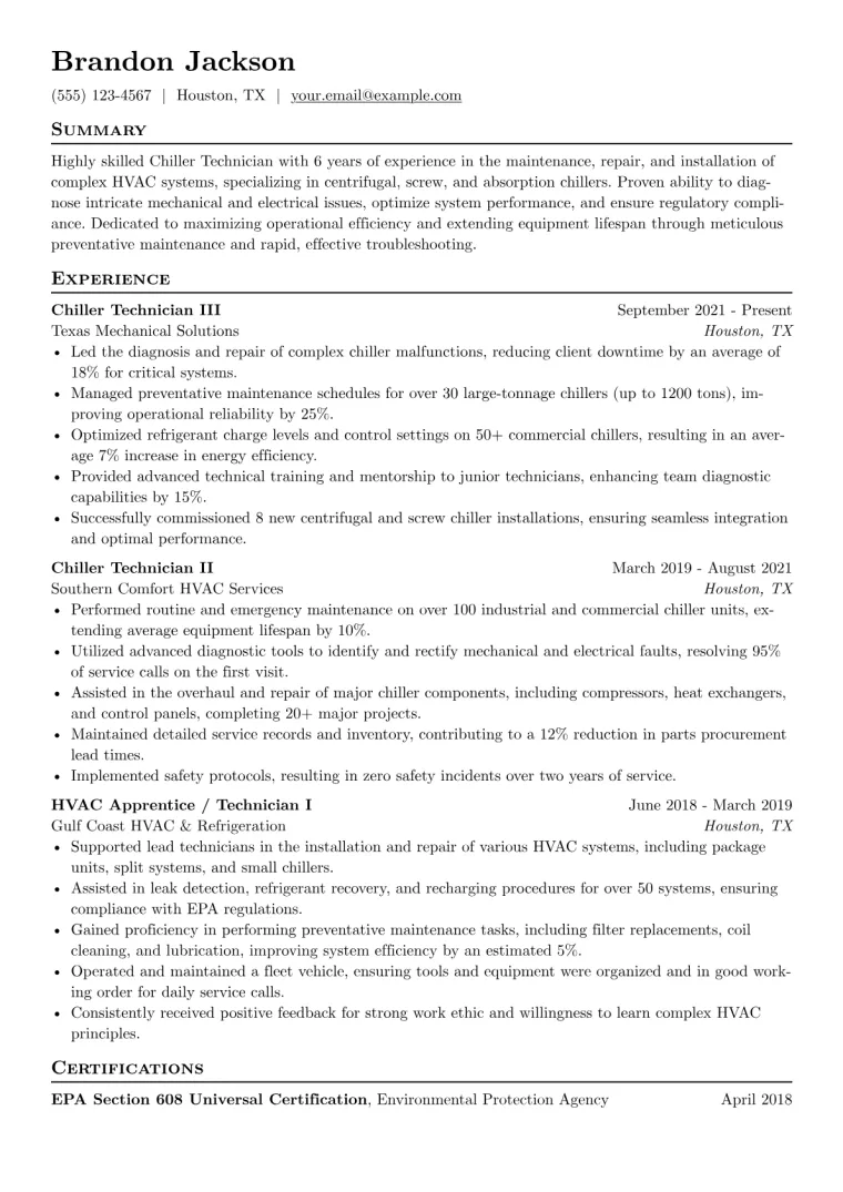 Chiller Technician Resume Example CV template preview