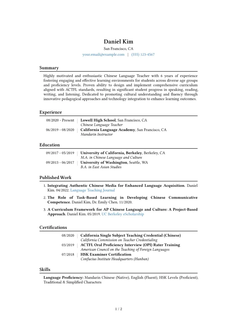 Chinese Language Teacher Resume Example CV template preview
