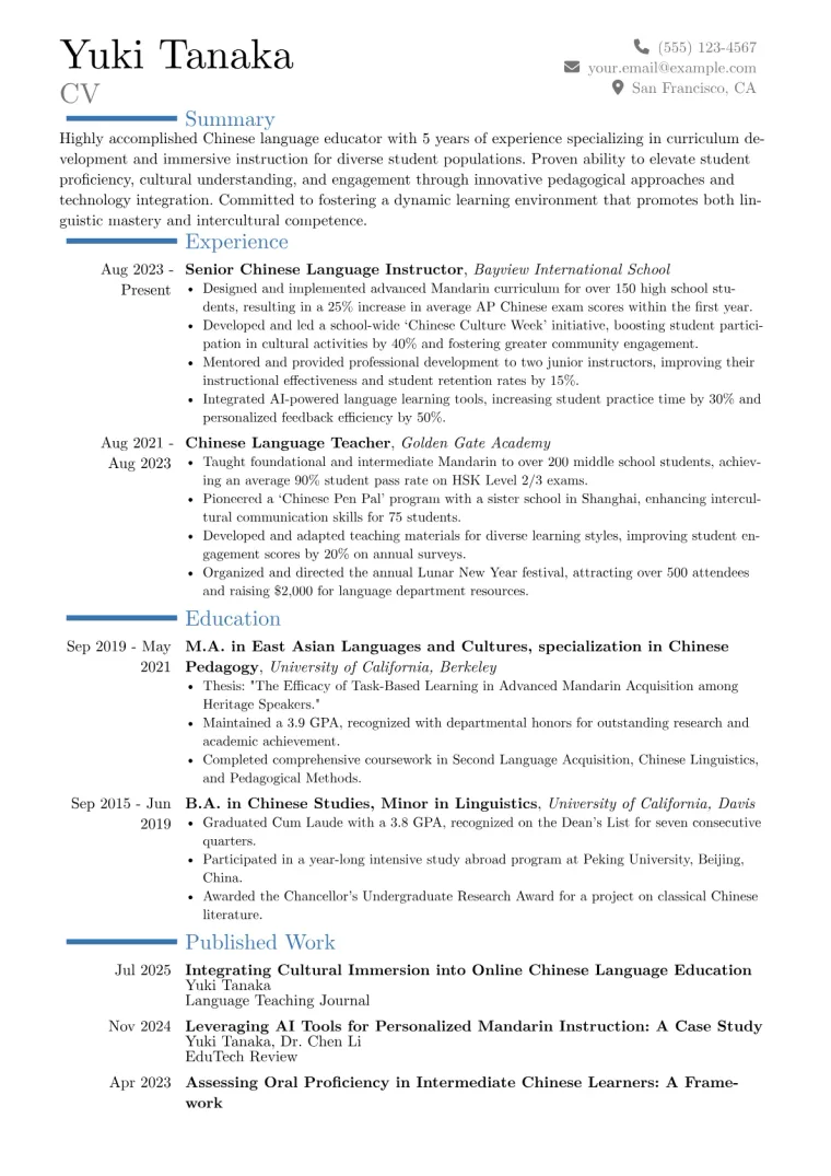 Chinese Teacher Resume Example CV template preview