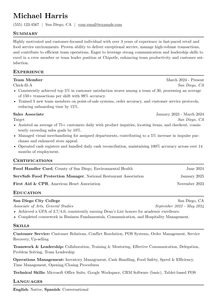 Chipotle Resume Example preview