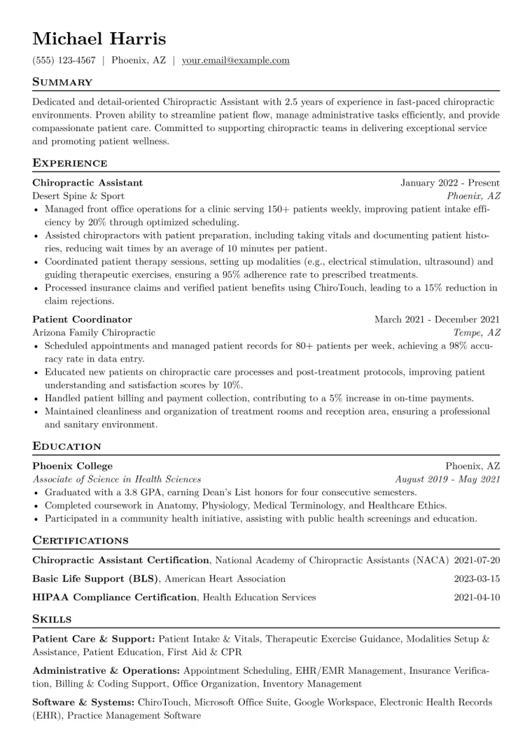 Chiropractic Assistant Resume Example CV template preview