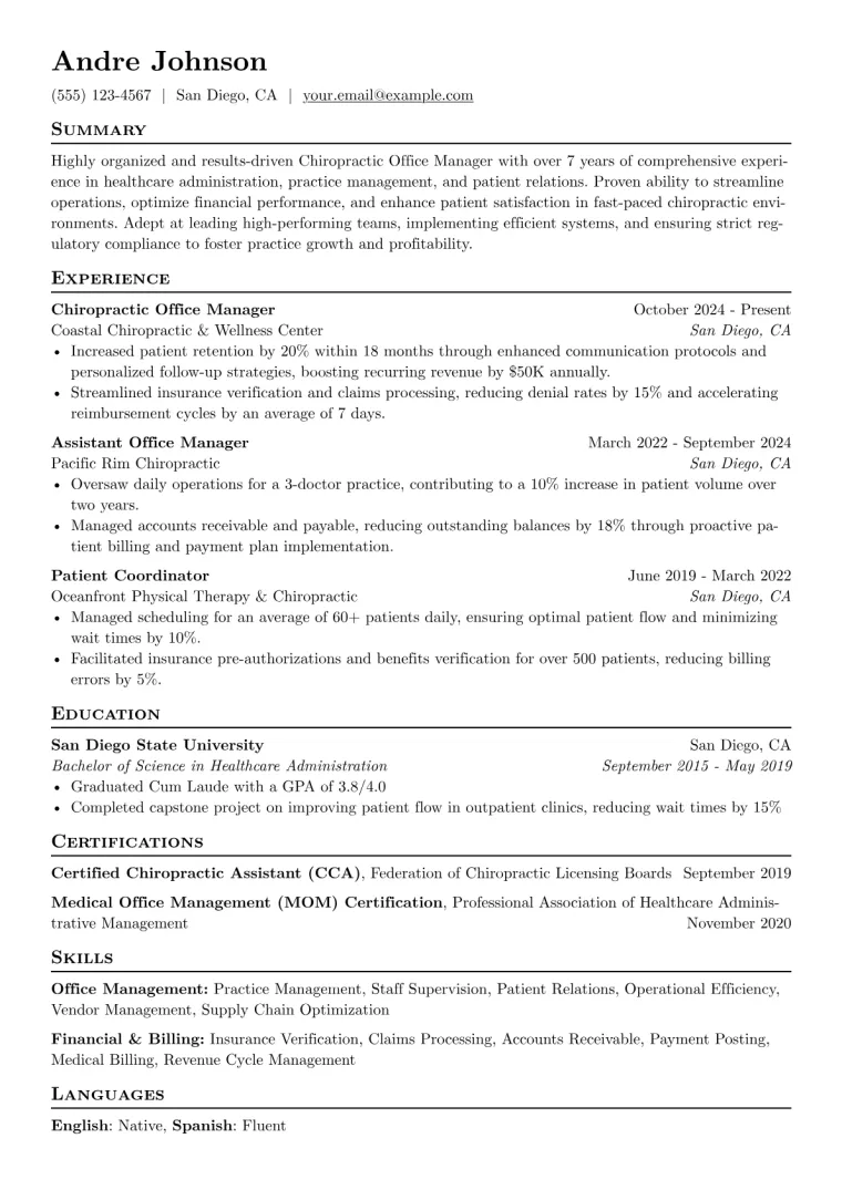 Chiropractic Office Manager Resume Example CV template preview