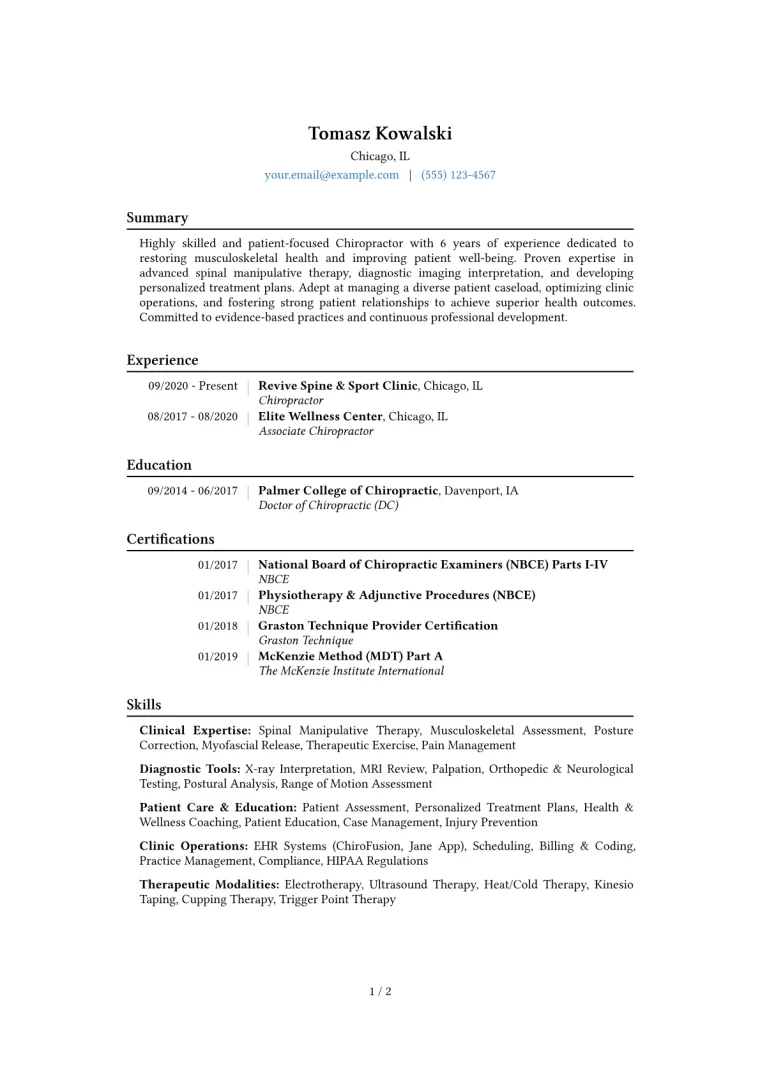 Chiropractor Resume Example CV template preview