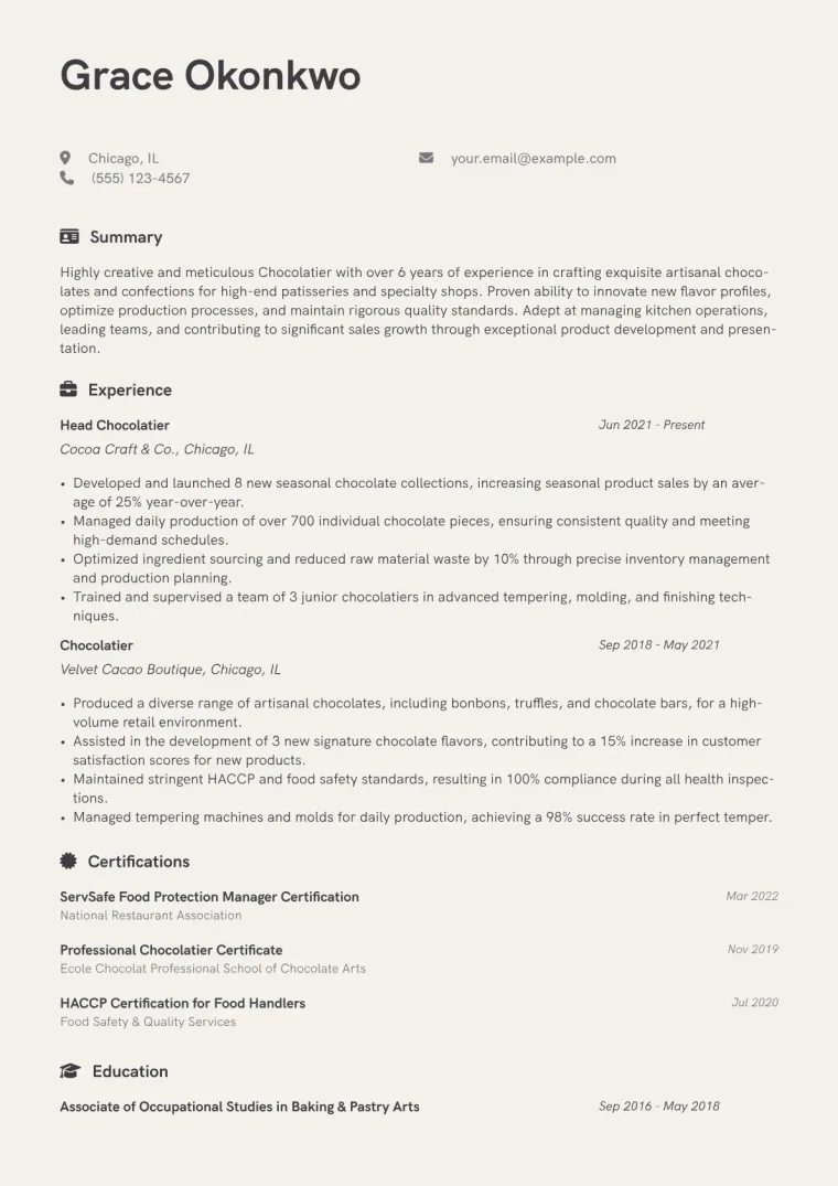 Chocolatier Resume Example CV template preview