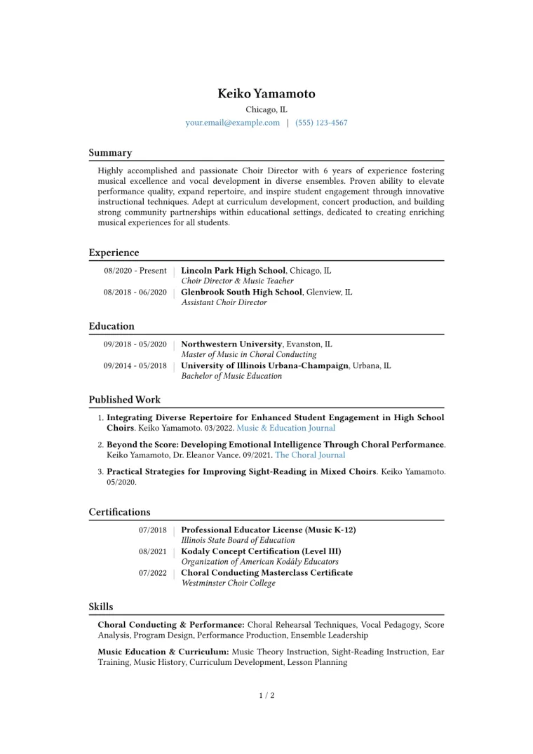Choir Director Resume Example CV template preview
